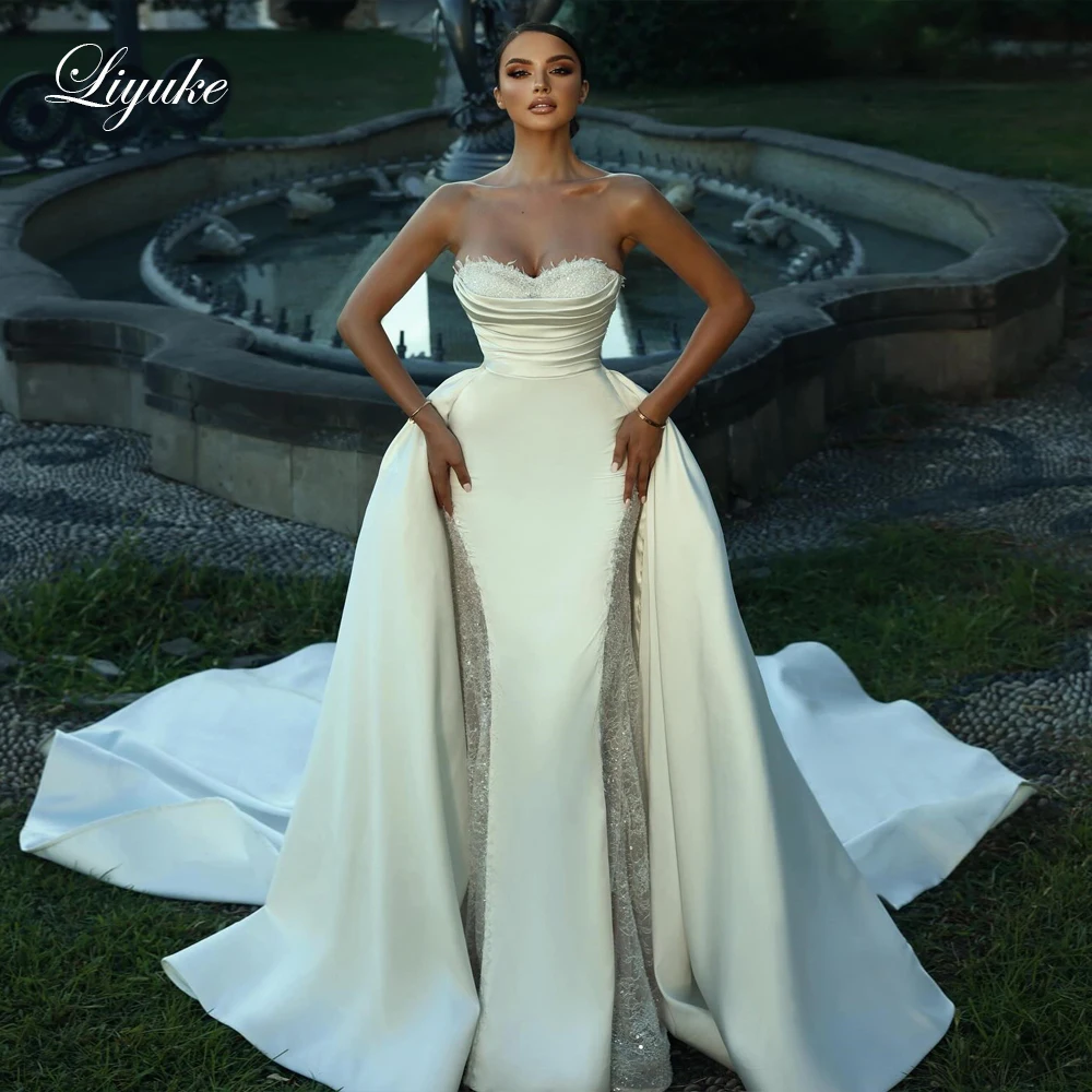 

Liyuke Elegance Sweetheart 2 In 1 Mermaid Wedding Dresses Beading Shiny Lace And Satin Off Shoulder Trumpet Bridal Gowns