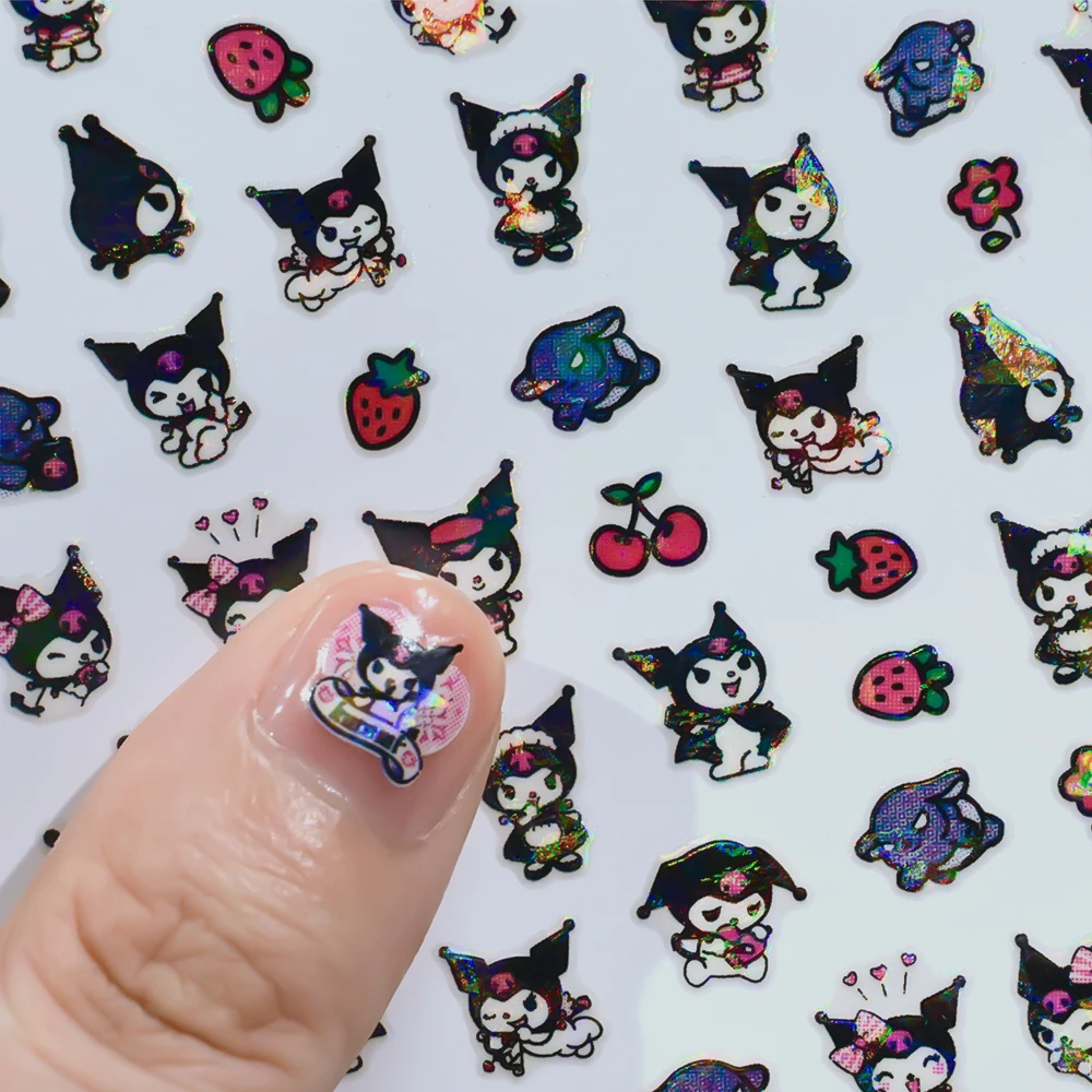 12Pcs Cartoon Laser Hallo Kitty Kuromi Nagel Aufkleber 3D Melody Selbst-klebe Nagel Aufkleber Kawaii Anime Slider Nail art Dekoration