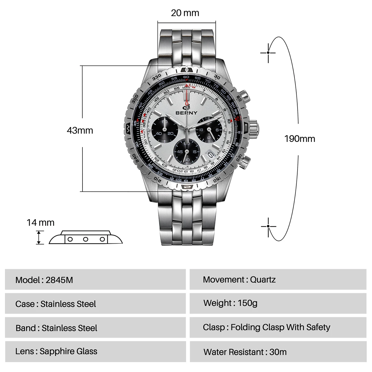 BERNY Chronograph-Uhren für Herren, Luftfahrt-Multifunktions-Quarz-Herrenuhr, Datum, Saphirglas, superleuchtende Luxus-Armbanduhr – Detail 9