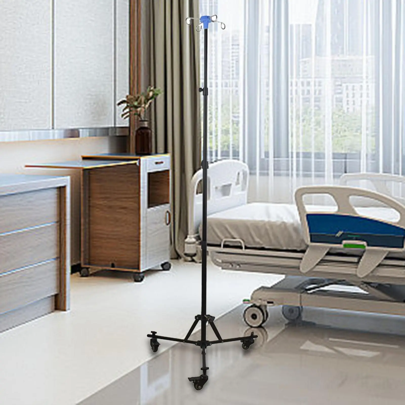 Practical IV Pole Stand with 3 Metal Brake Wheels and Hook Attachment for Nursing Portable Adjustable Height Steel Frame Stand