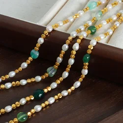 Marka Collana di perle d'acqua dolce naturali Accessori per gioielli in pietra naturale verde Accessori per gioielli con catena di perline placcate in oro Vendita regalo per ragazza