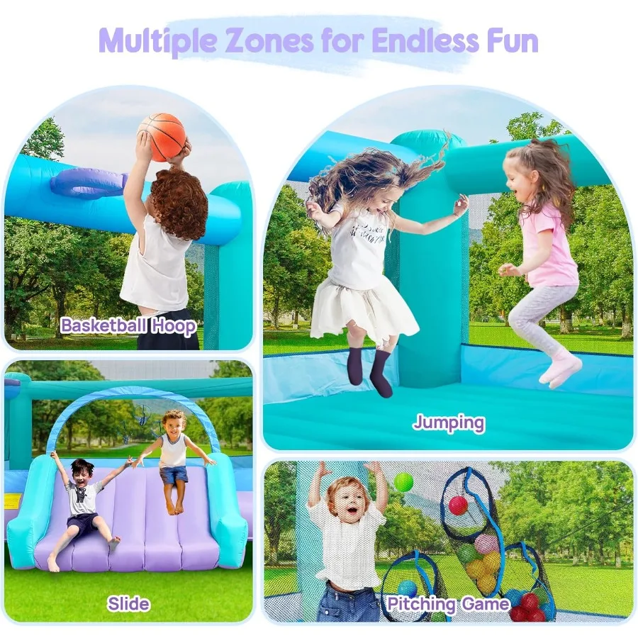 Großes Hüpfhaus für große 14,8 x 14,5 Fuß große aufblasbare Hüpfburg-Jumper-Rutsche mit 650 W Gebläse, Basketballkorb, Wurfball, Spielball