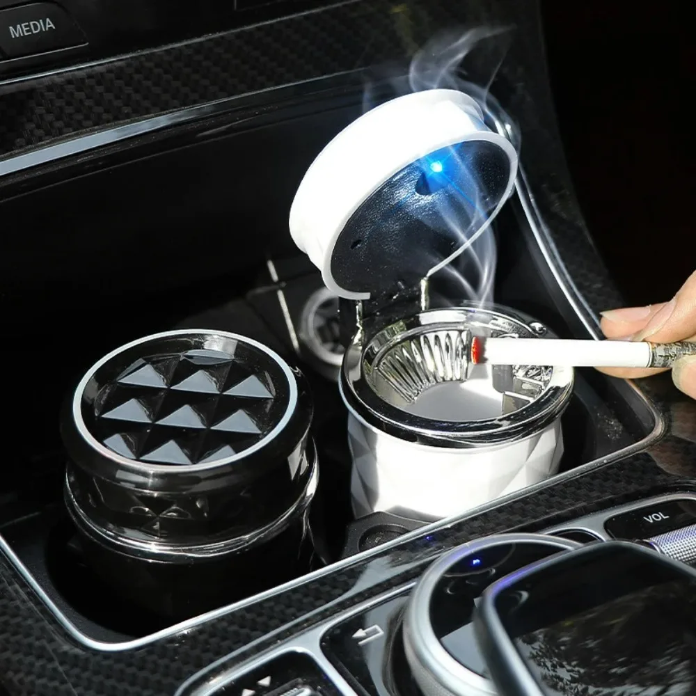 LED Light Car Ashtray Universal Alloy Ash Tray Aluminum Cup Smokeless Auto  Flame Retardant Cigarette Cylinder Holder Box