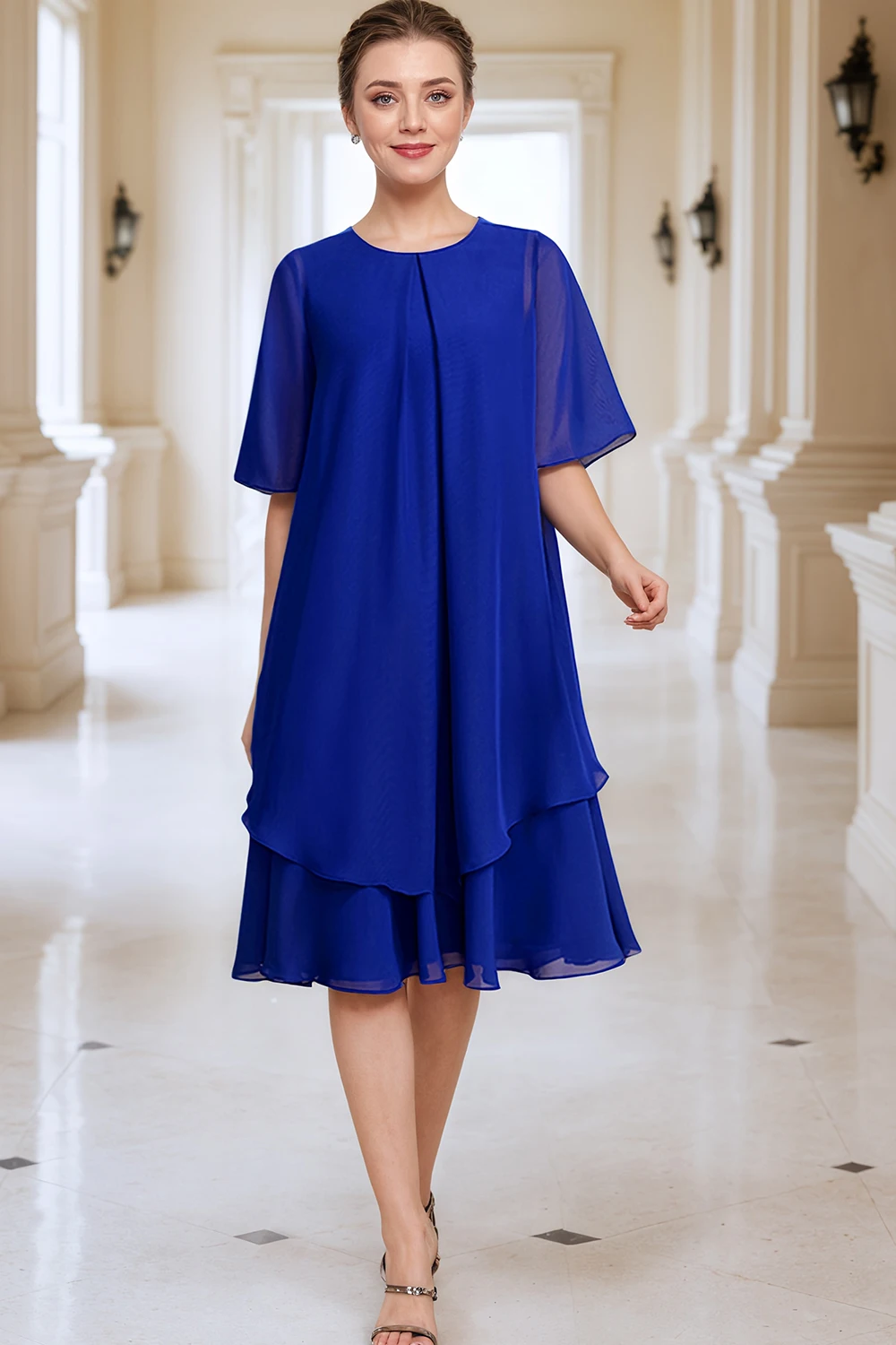 

Women Chiffon Plus Size Dress Half Sleeve Round Neck Solid Blue Pleated A-line Sheer Casual Fake Two Piece Midi Dresses Summer