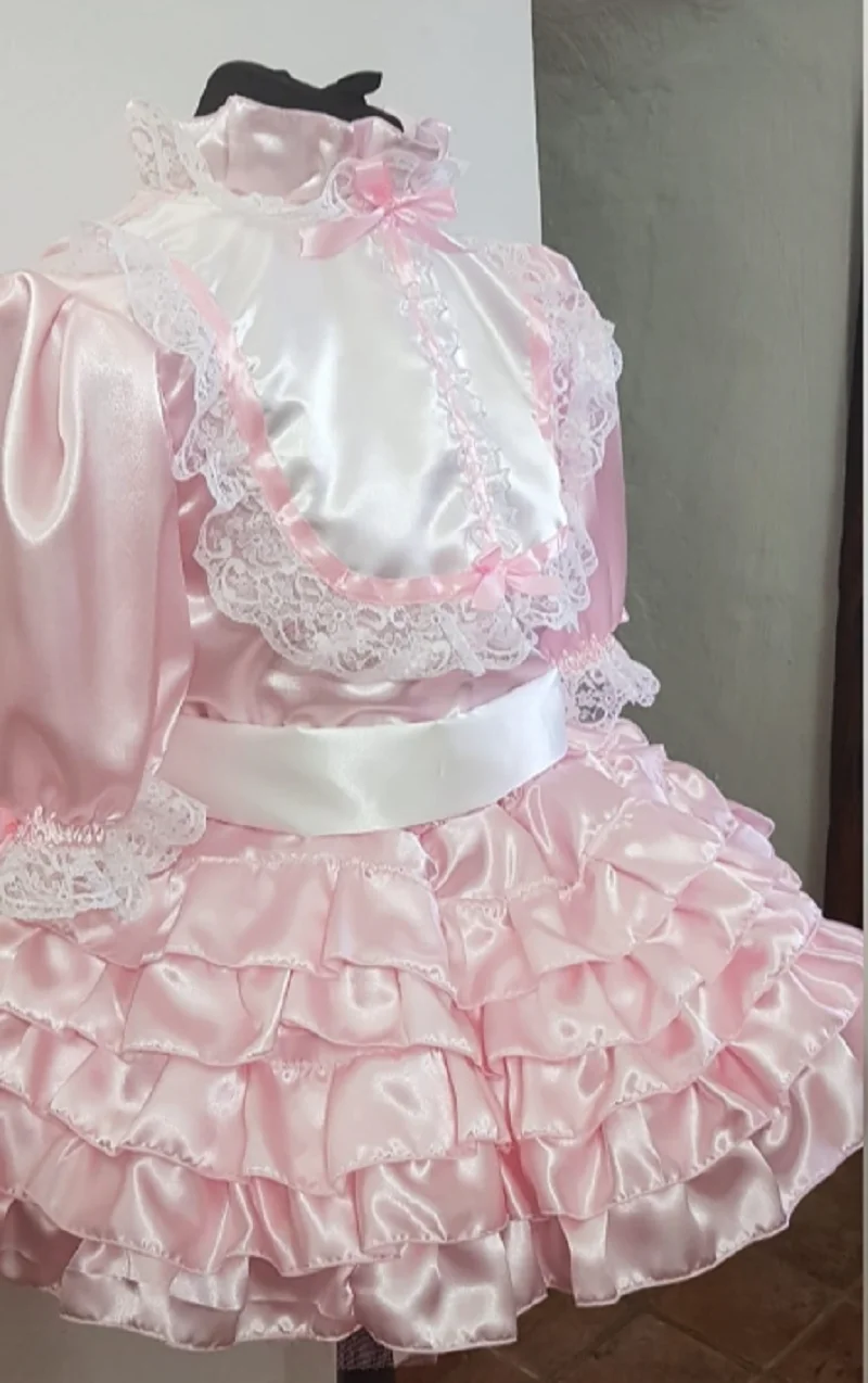 Pink Maid Girl Adult Sissy Lockable Satin Lace Stitching Mid Neck Lace Short Sleeve Cute Skirt Cosplay Costume Customization