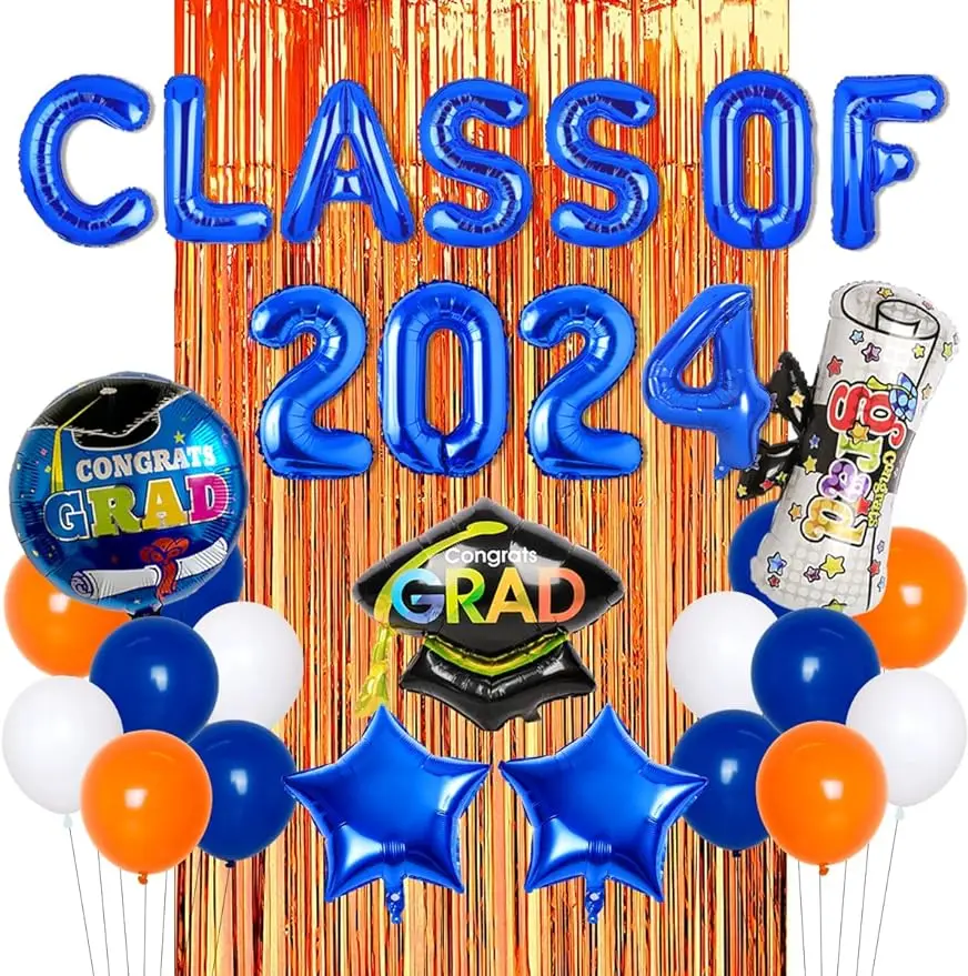 

Class of 2024 Graduation Decorations Orange and Blue Congrats Grad Balloons Kit Fringe Curtain Congratulations Party Supplies