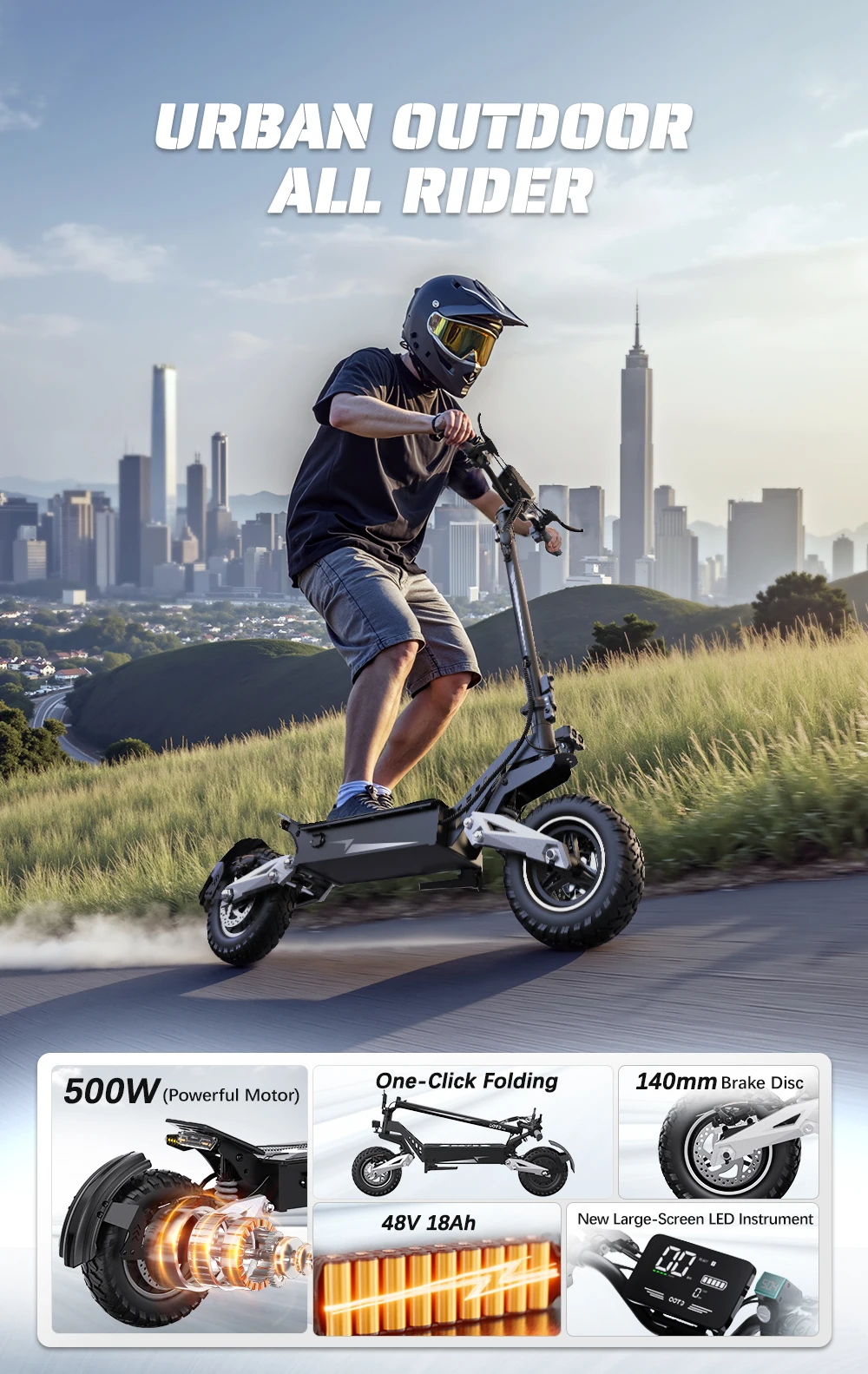 OOTD T10 Adult Electric Scooter,  500W Motor Peak 900W E Scooter , Top Speed 31 MPH, 48V 18AH Lithium Battery, 11-Inch Wide Off-Road Tires E-Scooter, Dual Disc Brakes, Front Suspension, Foldable Design Suitable For Commuting And Outdoor Adventure view 3