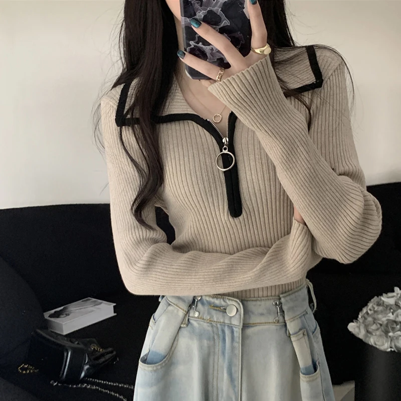 Contrast Color Half Zipper Laple Sweater Women's Spring Autumn Knitted Pullover