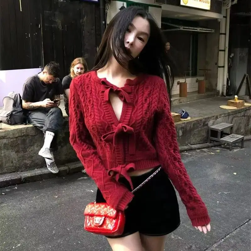 

Lazy Knitted Cardigan High-End Christmas Bow Cherry Red Sweater Women 2024 Autumn Winter