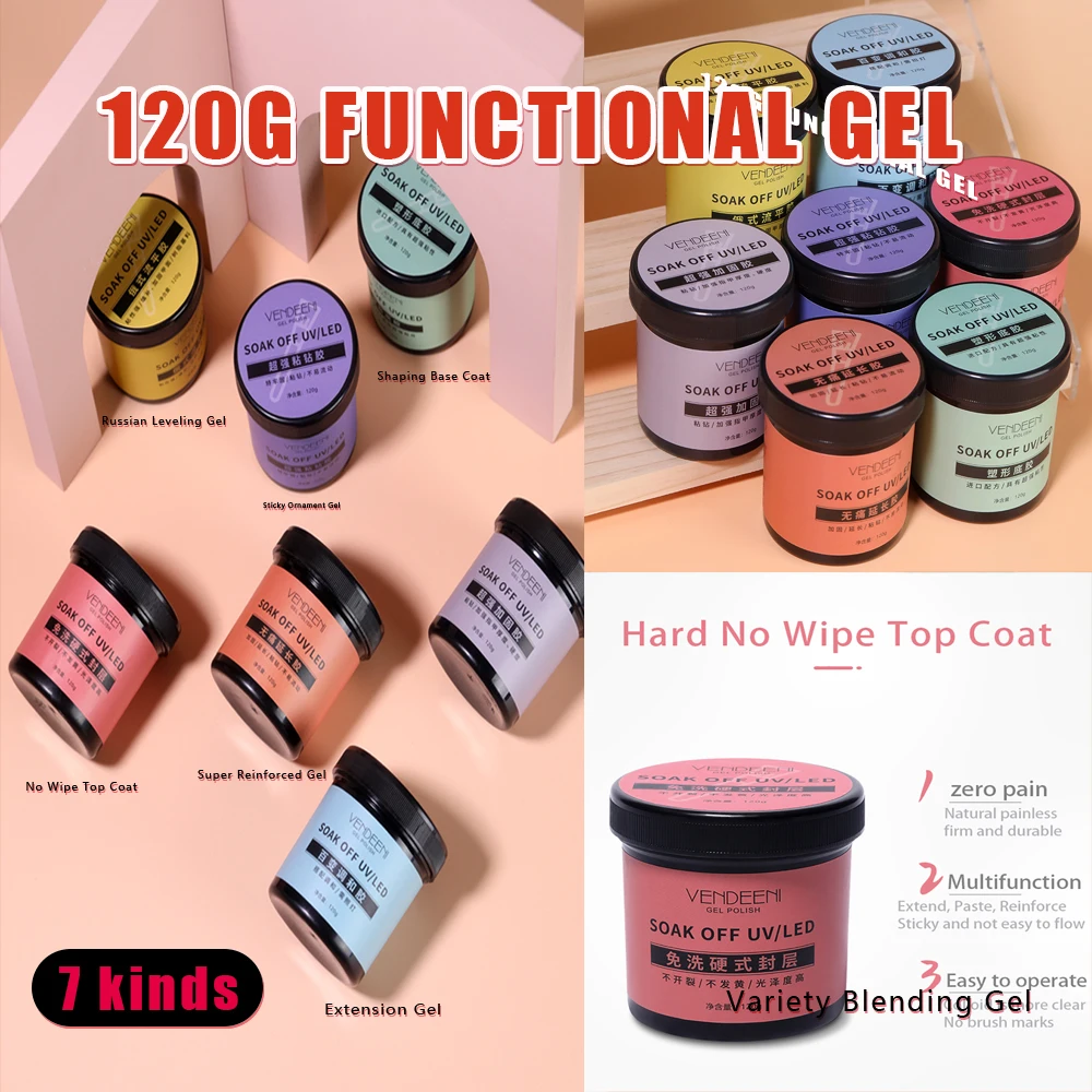Vendeeni 120g grande capacidade funcional gel unha polonês base casaco superior sem limpeza nivelamento reforço extensão manicure verniz