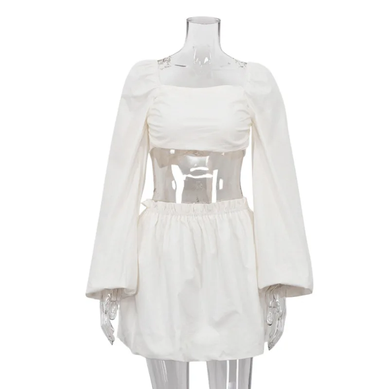 

Women's Strapless High Waist Short Skirt Cotton Bubble Sleeve Casual Elegant ShirtSpring Summer Fashionable Two-Piece Set