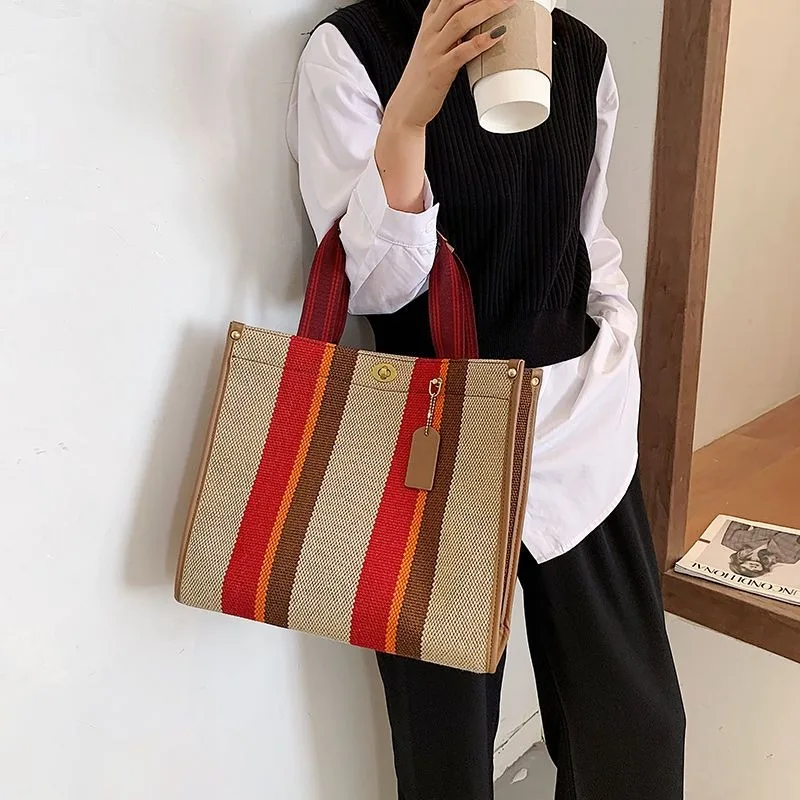 

Commuter Canvas Functional Handbag Women's Canvas Striped Office Worker Shoulder Bag Niche Bag Crossbody Horizontal Tote Bag