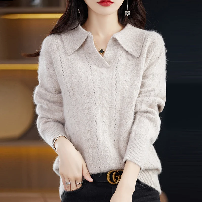 Women\'s 100% Mink Cashmere Sweater Thick Super Warm Knit Pullover Autumn and Winter Fashion Long sleeve POLO V-Neck Ladies Top