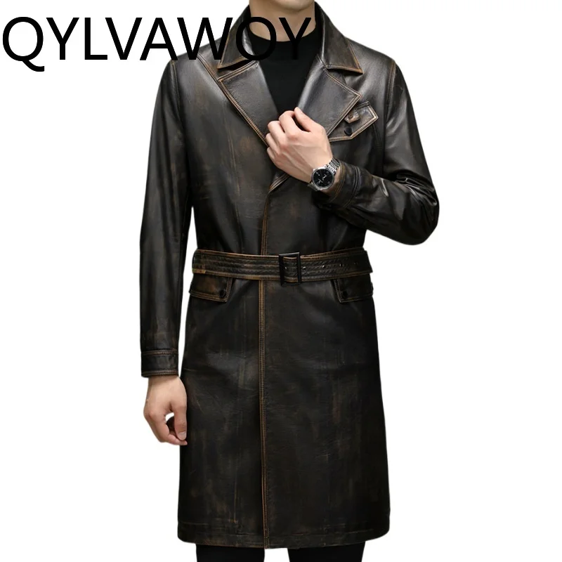 QYLVAWOY 100%Real Cowhide Leather Trench Coats for Man Autumn High Quality Genuine Leather Jacket Men Suit Long Cow Leather Coat