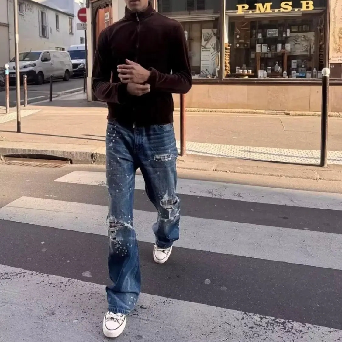 Men's Distressed Style Patch Jeans Casual Pants Summer Streetwear Wide-leg Trousers Boy Bottom Male High Waist Sweatpants
