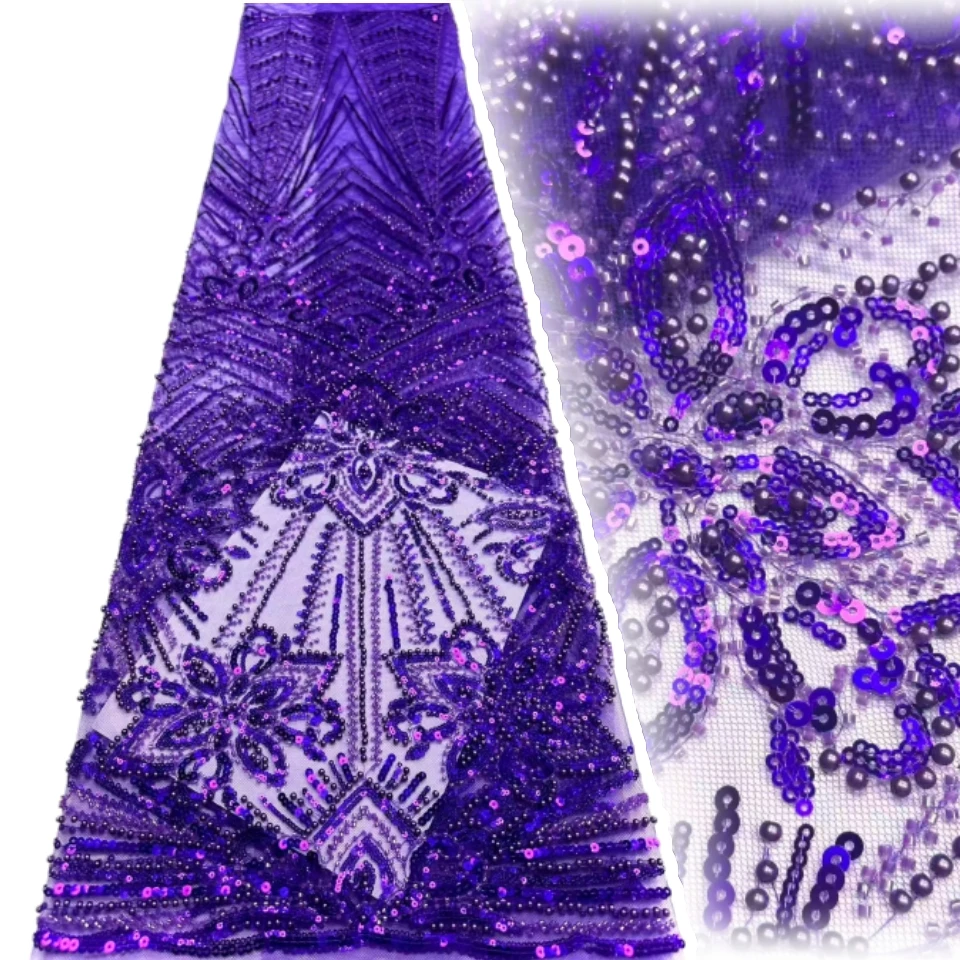 

African Sequins Beaded Groom Lace Fabric High Quality French Tulle Lace Fabric Embroidery Nigerian Lace Fabrics Material AH1821