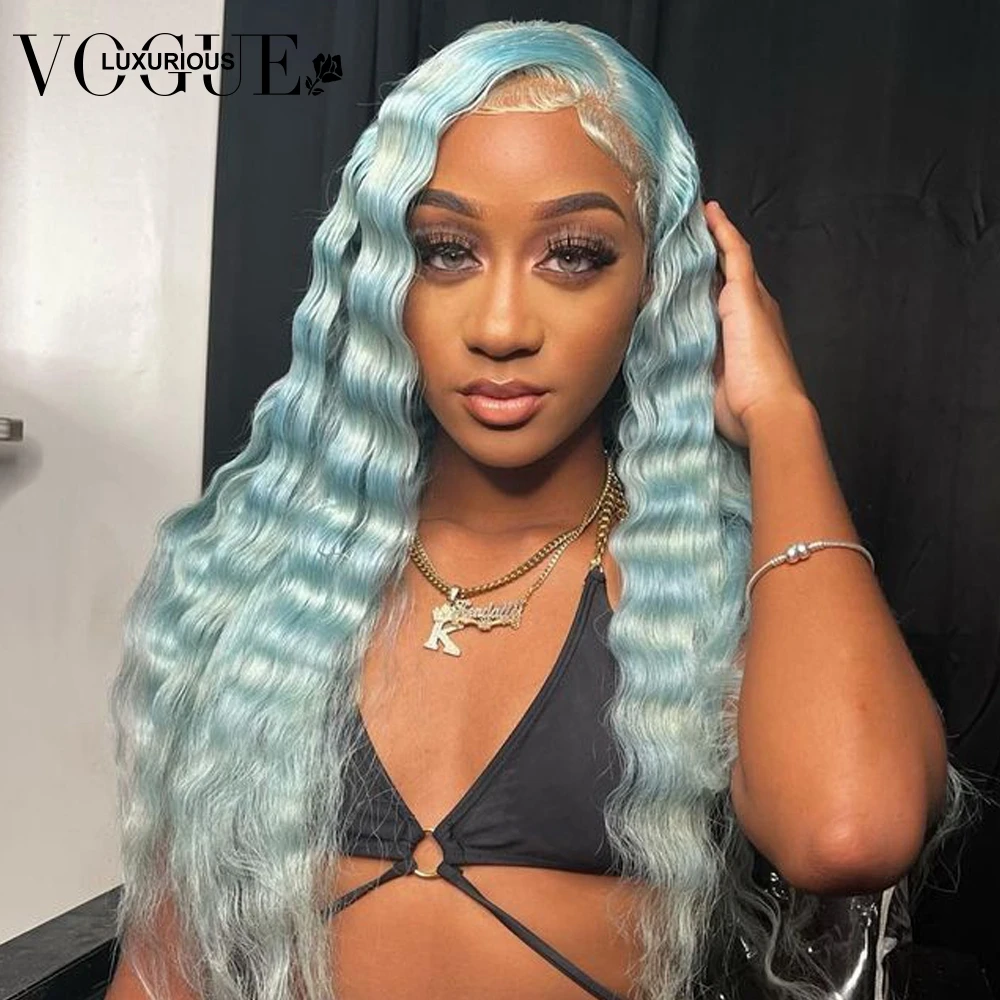 28 30 inci Wig gelombang dalam biru terang prepked rambut manusia Virgin Brasil 13x4 Wig lurus halus renda depan transparan