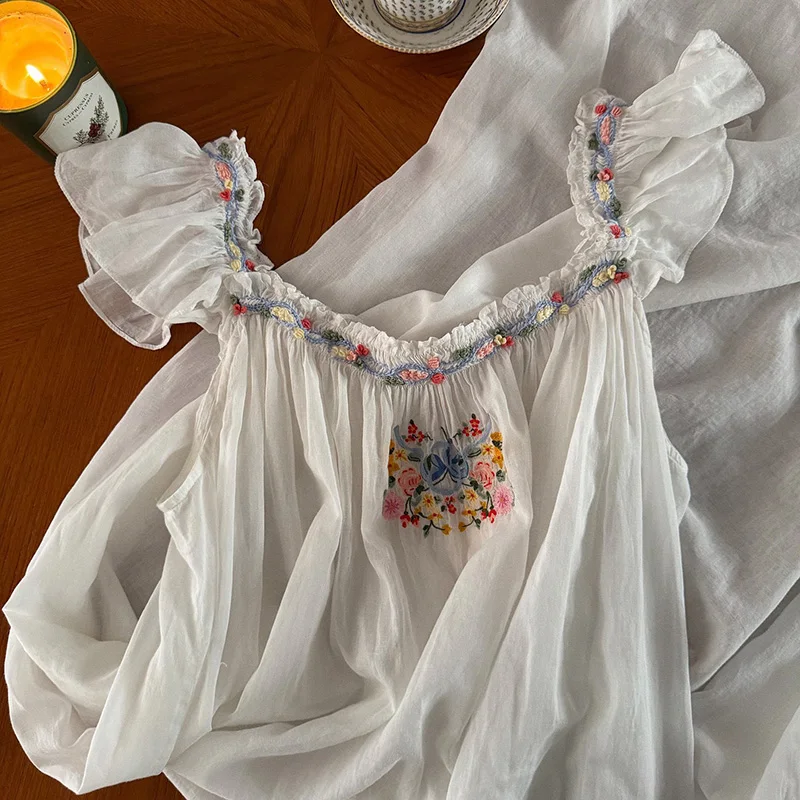 Original Design Transparent Beautiful French Hand Embroidered Sweet Nightgown 100% Cotton Outside Summer Sleepwear