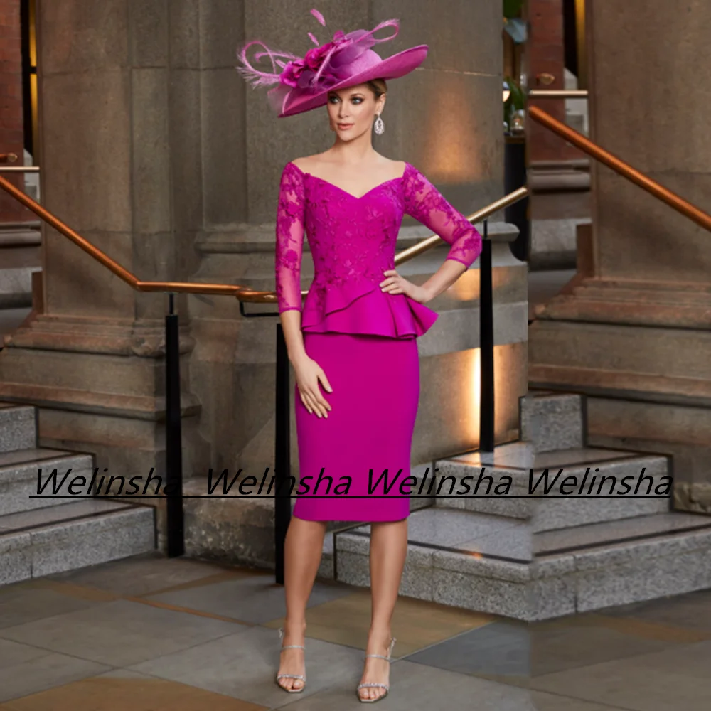 

Woman Wedding Guest Dresses Peplum Party Gown Three Quarter Sleeves V Neck Knee Length Sheath Mother of The Bride Dress