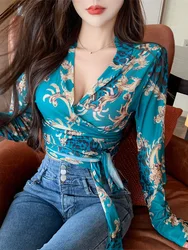 Thin Lace Shirt Women New Style Sheer Charm Mature Slim Thin Soft Romantic Slim V Neck Long Sleeved Short Blouses Mesh 90J8