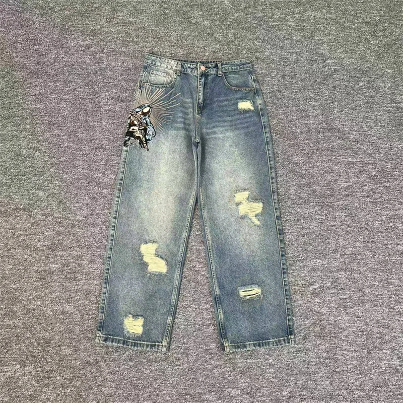 

High Street Vintage Pattern Embroidered Distressed All-Season Jeans For Men Women Casual Fashion Derschutze Trousers Premium