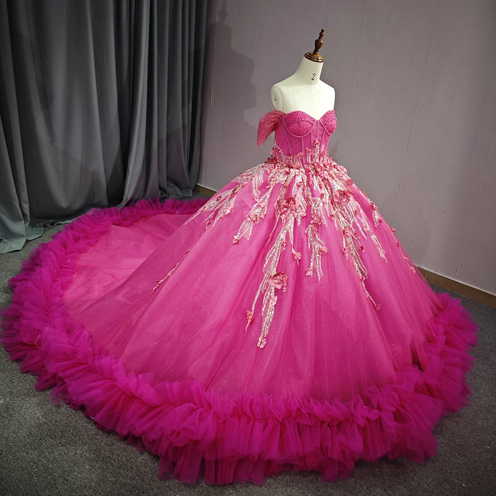 Vestidos de baile quinceanera vestidos faily catedral trem tule 3d floral applique osso méxico baile rendas até vestido de 15 quinceañera