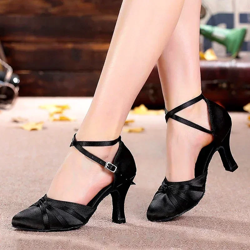 

Silk Satin Latin Dance Shoes Tango Salsa Ballroom Dancing Shoes For Women Indoor Professional High Heels Dance Sneakers 5.5/7cm