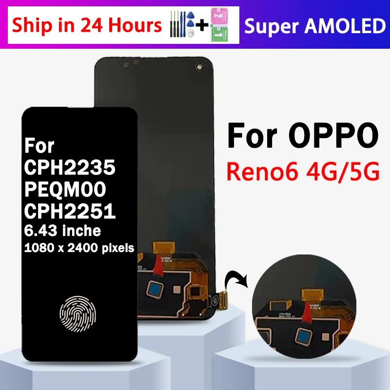 Super AMOLED For Oppo Reno6 CPH2235 LCD Display Screen Touch Panel Digitizer For Reno 6 5G CPH2251 Display Fingerprint