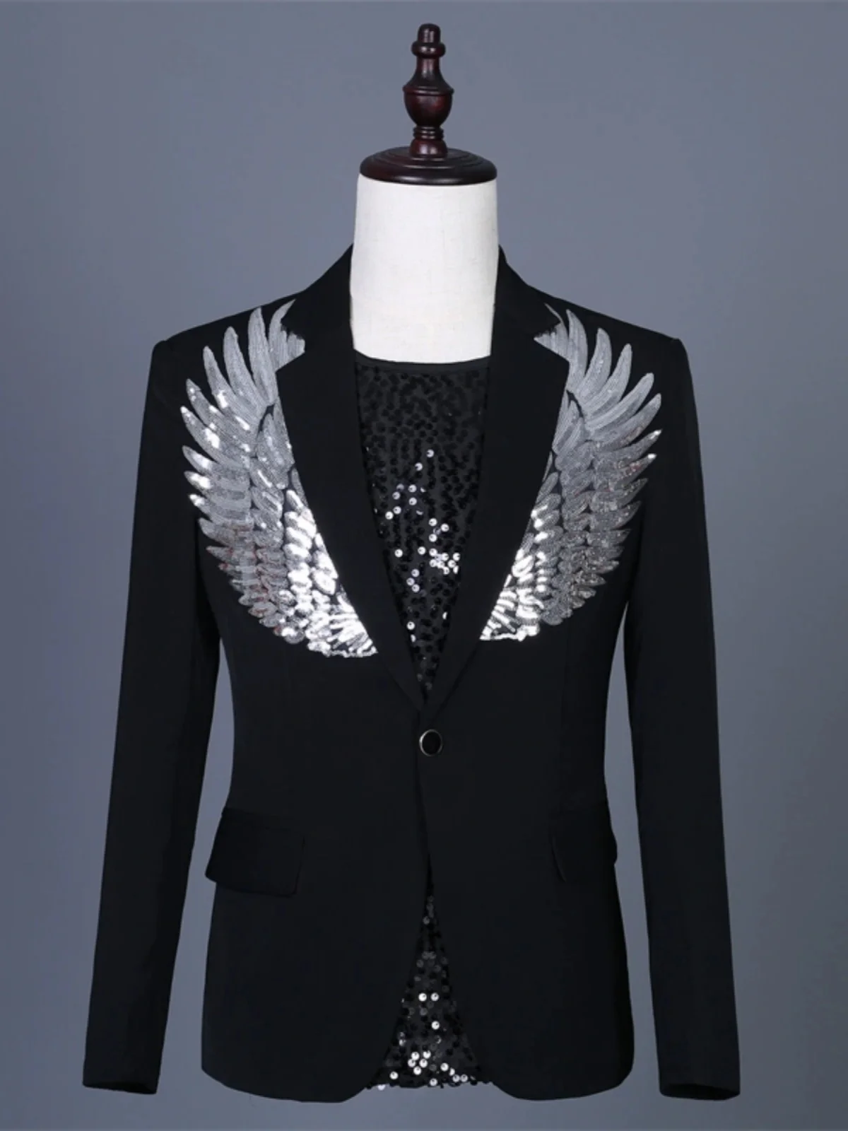 

Men's Black Casual Wing Sequin Small Suit Host Emcee Best Man Dress Nightclub Bar Singer Dancer Stage Performance Uniform