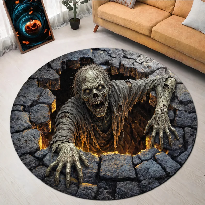 Round Decor Rug for Indoor Floor Mat Halloween Zombie Skeleton Mummy Ghost Pumpkin Monster Print Stylish Living Room Bedroom