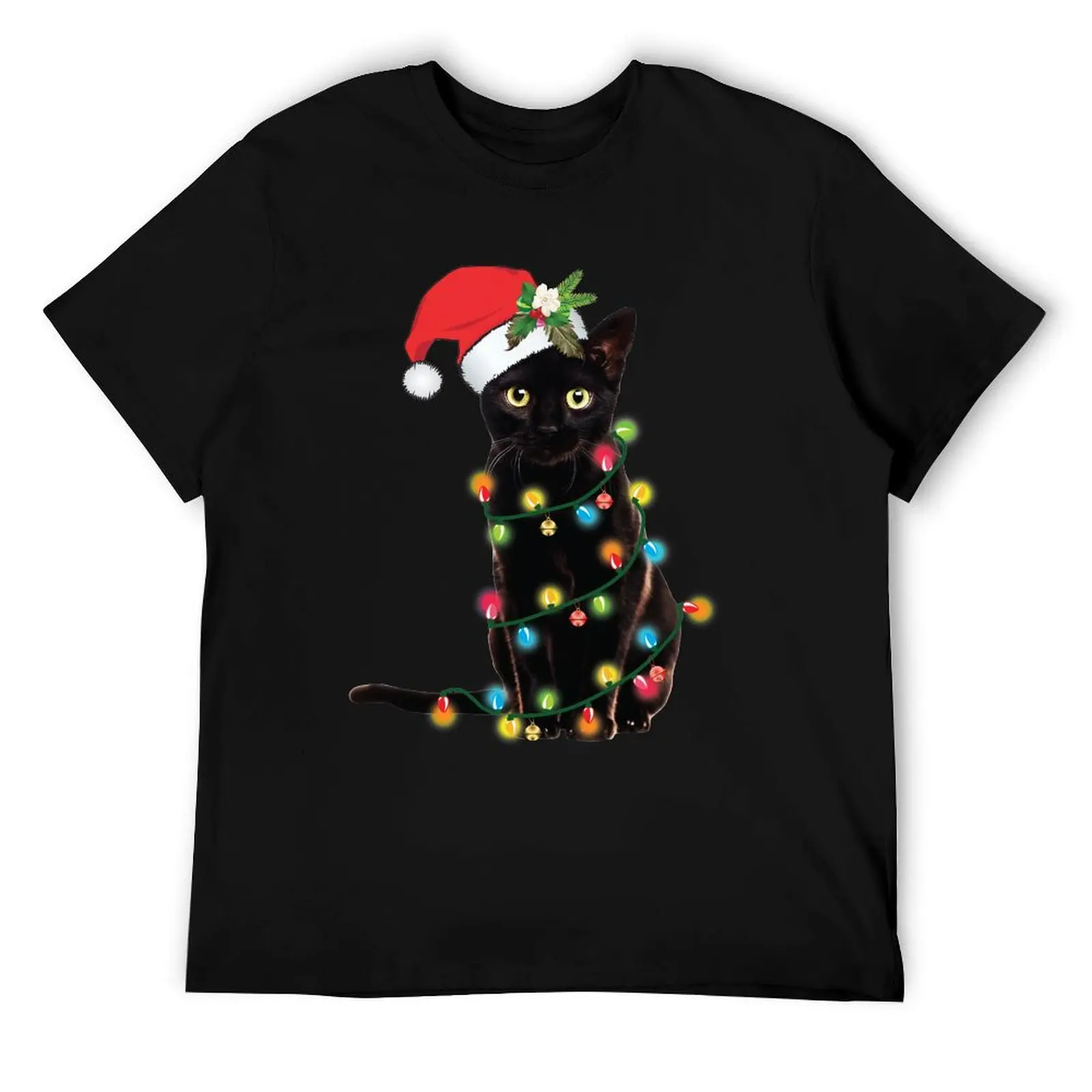 

Santa Black Cat Tangled Up In Christmas Tree Lights Holiday T-Shirt g man t shirts for men anime tshirt T-Shirt