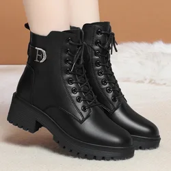 Women's Soft Skin Thick Soled Short Boots  2024 British Style Lace Up Round High Heel Leather Fashion Martin boots Size 35-41