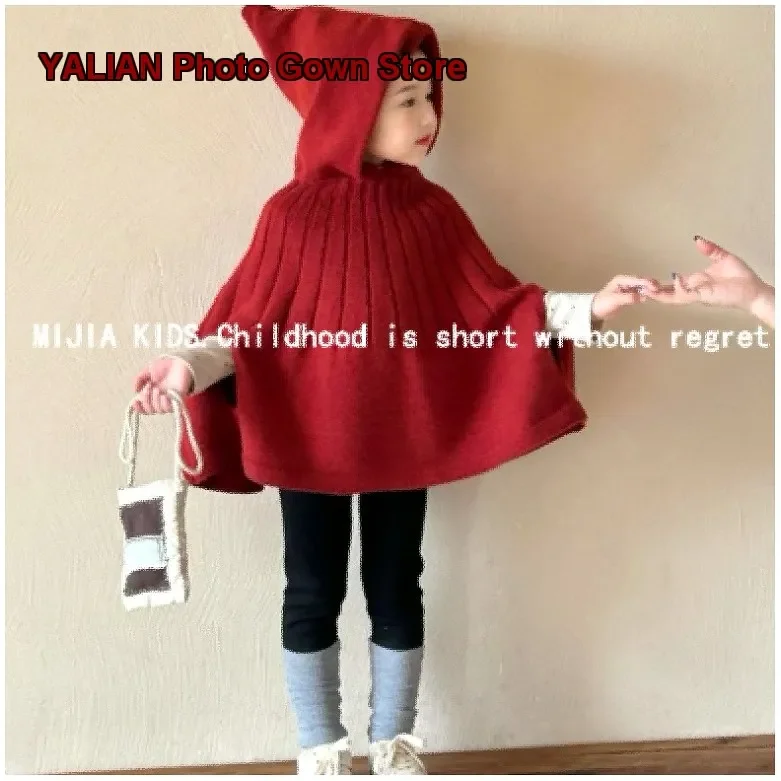 Girls Hooded Shawl Little Kids Santa Claus Knit Top for Autumn Winter 2024