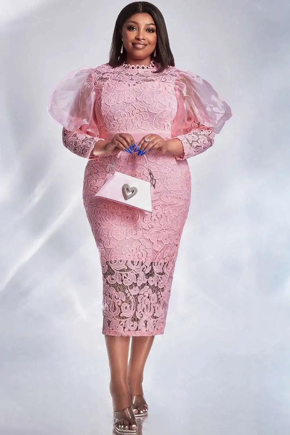 

Plus Size Pink Lace Formal Dress With Puff Sleeves See-Through Midi Elegant Sweet Wedding Guest Tail Bodycon
