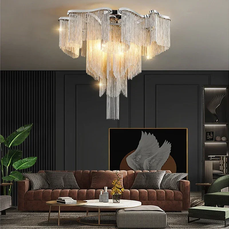 JOChandelier en aluminium avec télécommande, glands de luxe modernes, plafonniers chromés à intensité variable pour salon, décor de chambre à coucher