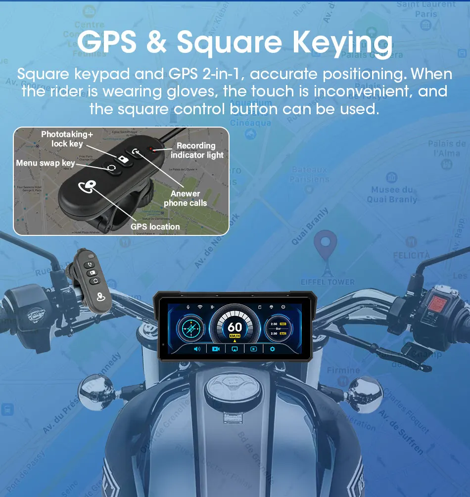 Srnubi 8,1 Zoll Motorrad DVR Navigation GPS Wireless Carplay Moto Android Auto IP67 Wasserdichter Monitor Motorradhelm Kamera – Detail 10