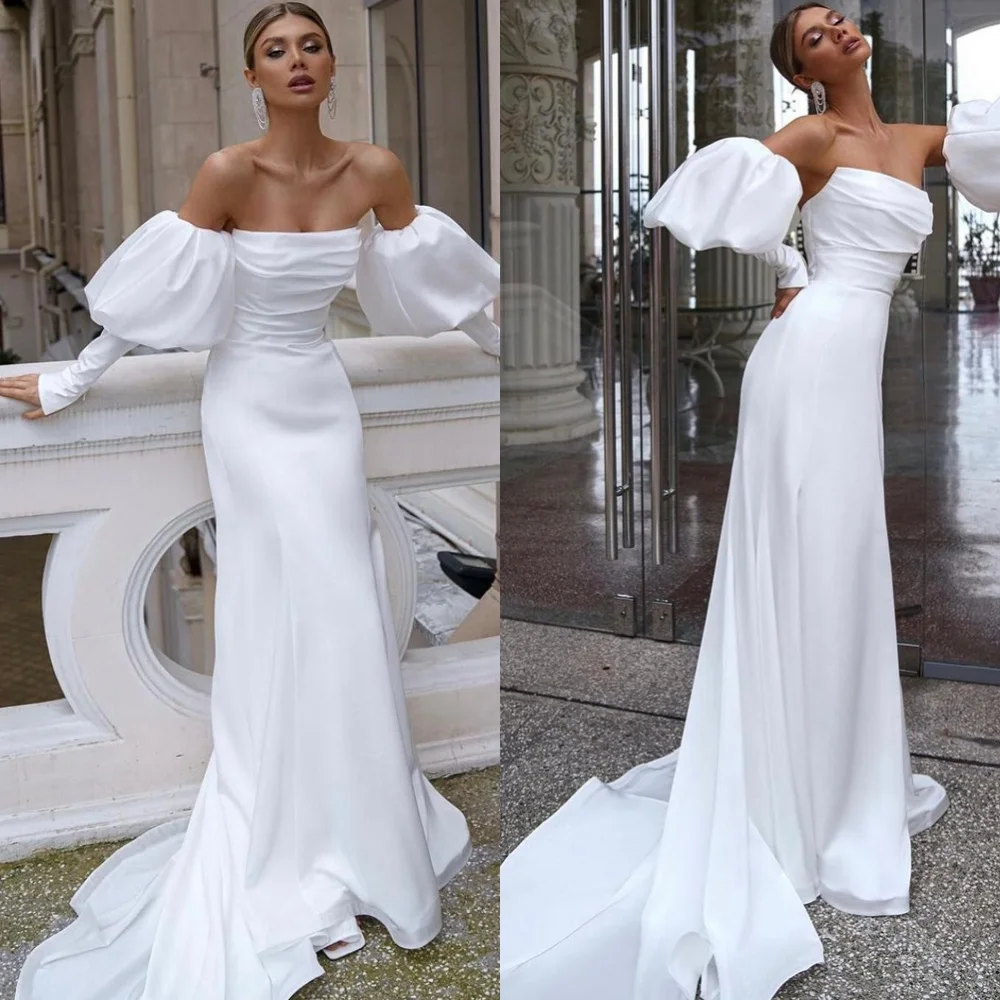 

Customized Modern White Satin Evening Dress Elegant Strapless Off the Shoulder Long Sleeves Zipper Back Mermaid Cocktail Dress