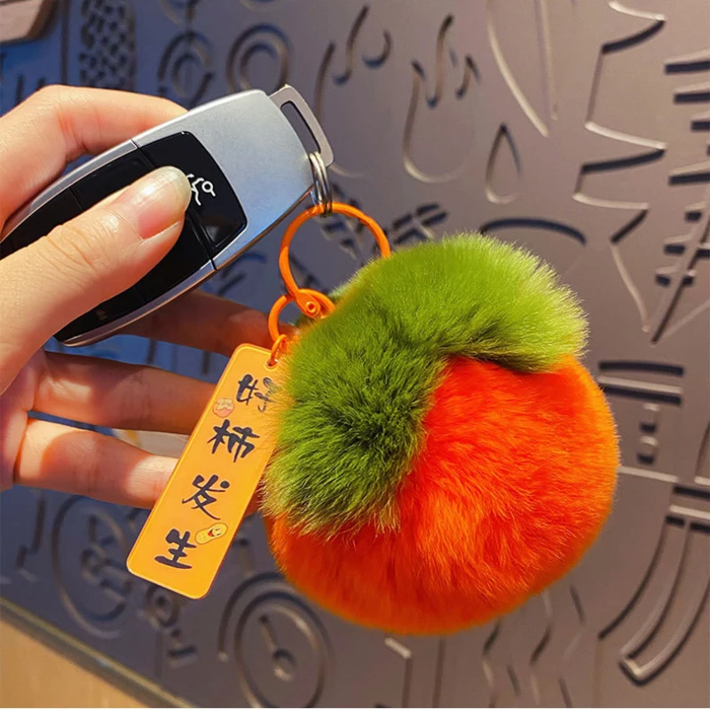 Novelties Korean Rex Rabbit Hair Fruit Persimmon Car Key Chain Backpack Ornaments Cute Keychain Soft Feel Decompression