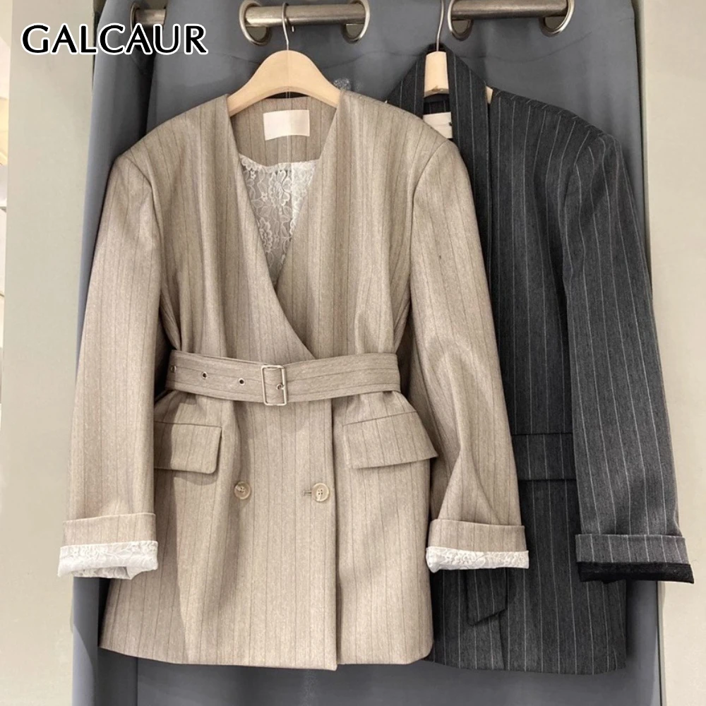 

GALCAUR Solid Spliced Striped Korean Jacket Female V Neck Long Sleeve Loose Patchwork Sashes Women's Jackets Autumn Fashion New