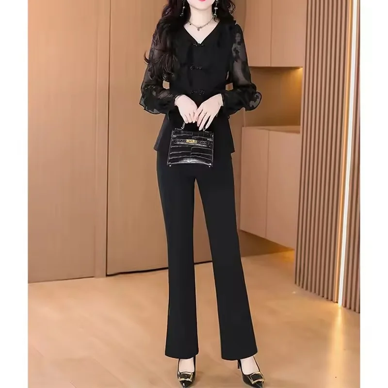 

Women Large Size 4XL Trousers Korean Ladies Solid Color Tops Pants 2PCS 2026 Summer Female Long Sleeve High Waist Trousers Set