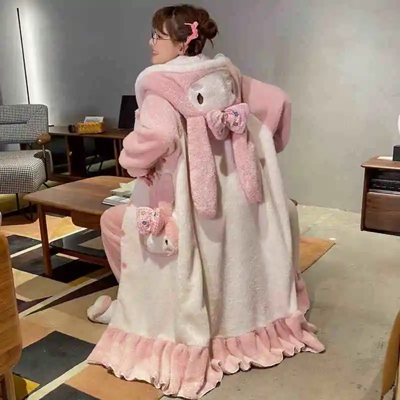 Sanrio Kuromi Cinnamoroll Pochacco Melody Cosplay Pajama Women\'S Fallwinter Thickened Flannel Keep Warm Nightgown