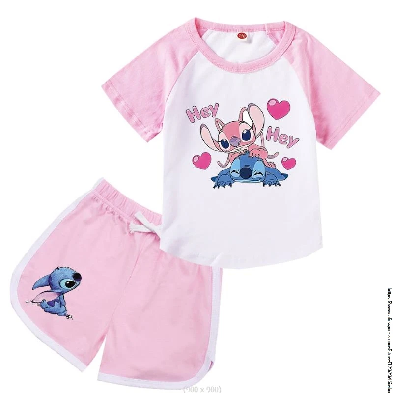 Lovely Lilo And Stitch 2 Pcs Suit Kids Teen Girls Clothing Set Sports Tracksuits Cotton T-shirt + Shorts Boy Summer Outfits Gift