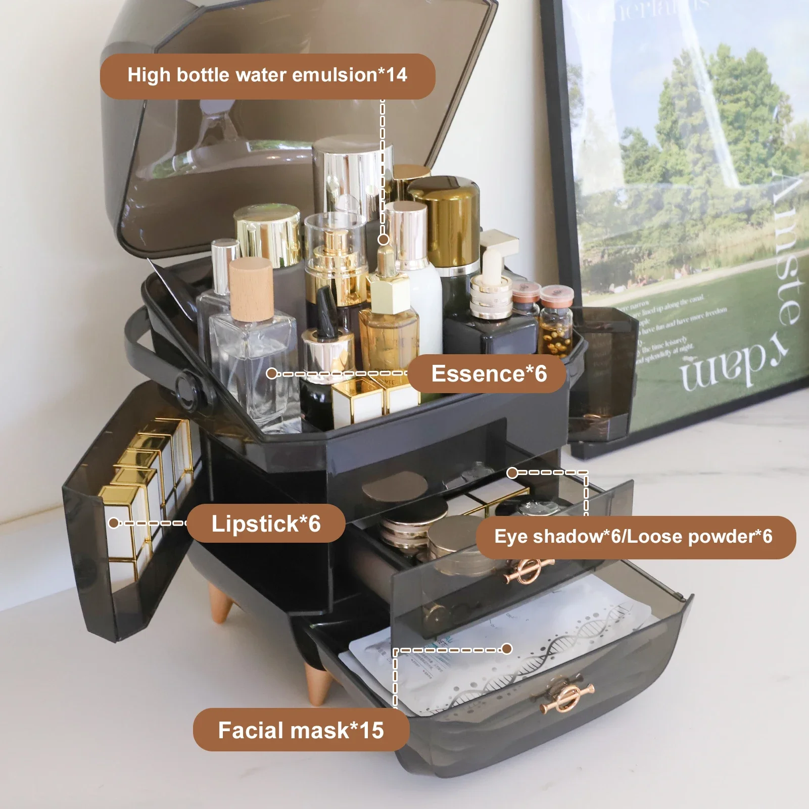 Organizer do makijażu do toaletki, przenośne organizery do pielęgnacji skóry z pokrywką i szufladami, schowek na makijaż i gablota na kosmetyki do liczenia