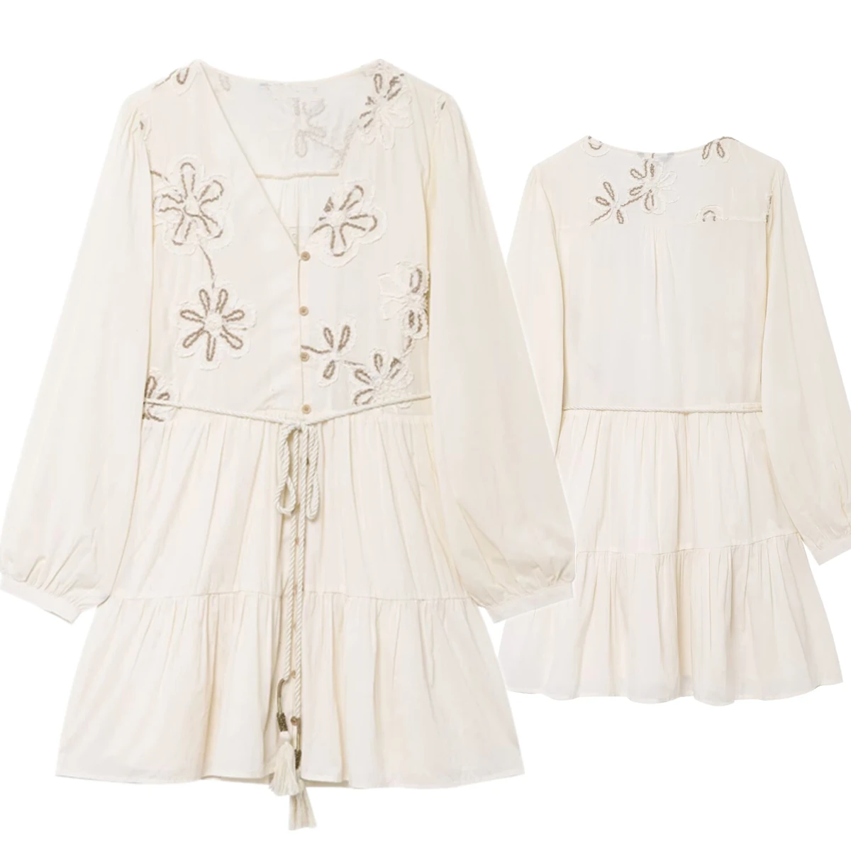 

Dave&Di Moroccan Bohemian Flower Embroidered V-neck Dress With Tassel Vacation Style Cotton Dresses Women Summer Dress