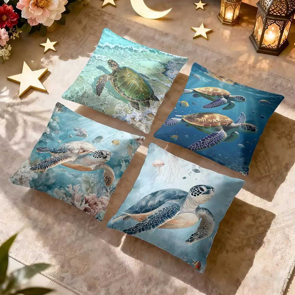 Funda de cojín con diseño de tortuga marina y arrecife de coral, funda de almohada de felpa suave, textura suave y acogedora, funda de cojín estética, decoración del hogar