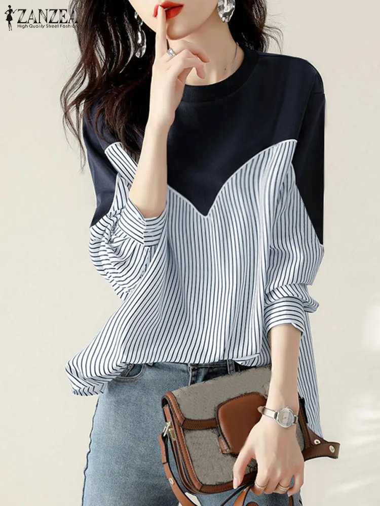 

ZANZEA Stylish Stripe Sweatshirts Women Work Blouse Elegant Long Sleeve O-Neck Hoodies Autumn Casual Patchwork Shirt Tops Tunic
