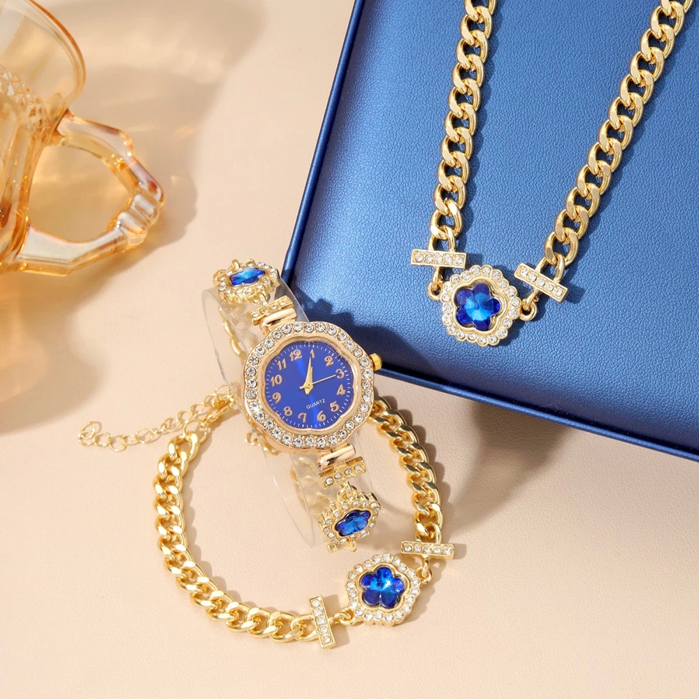 

3Pcs Set Diamond Women Watches Blue Watch Ladies Wrist Watches Luxury Brand Rhinestone With Womens Necklace Bracelet +Box