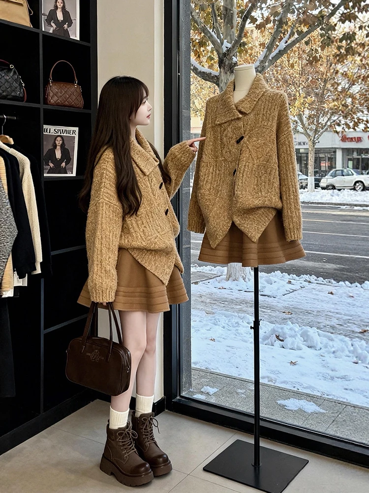 

Orange Knitted Cardigan Sweater And Puffy ort Skirt Two-Piece Set for plus Size Women Winter Faion Warm Polyester Blend