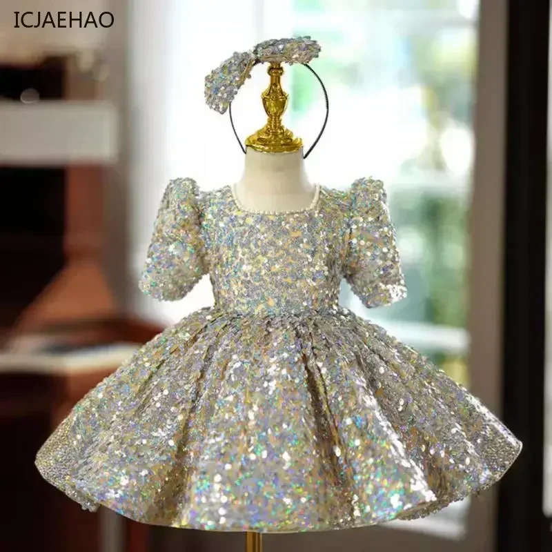 2025 Girl Birthday Party Luxury Sequin Short Sleeved Round Neck High End Ballroom Clothing Baby Kids Princess Dress