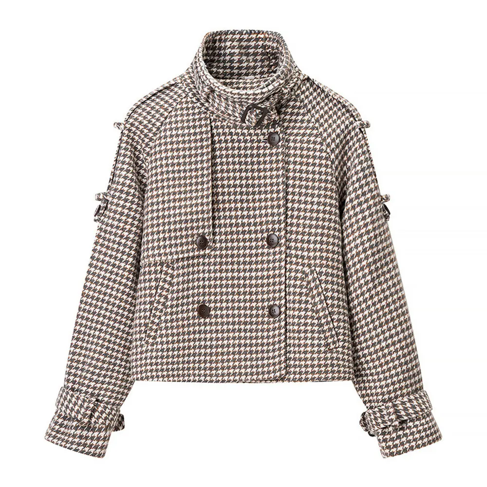 

Autumn New Women's Fashion Slim Checkered Collar Long Sleeve Double Button Short Coat Elegant Quality Outerwear